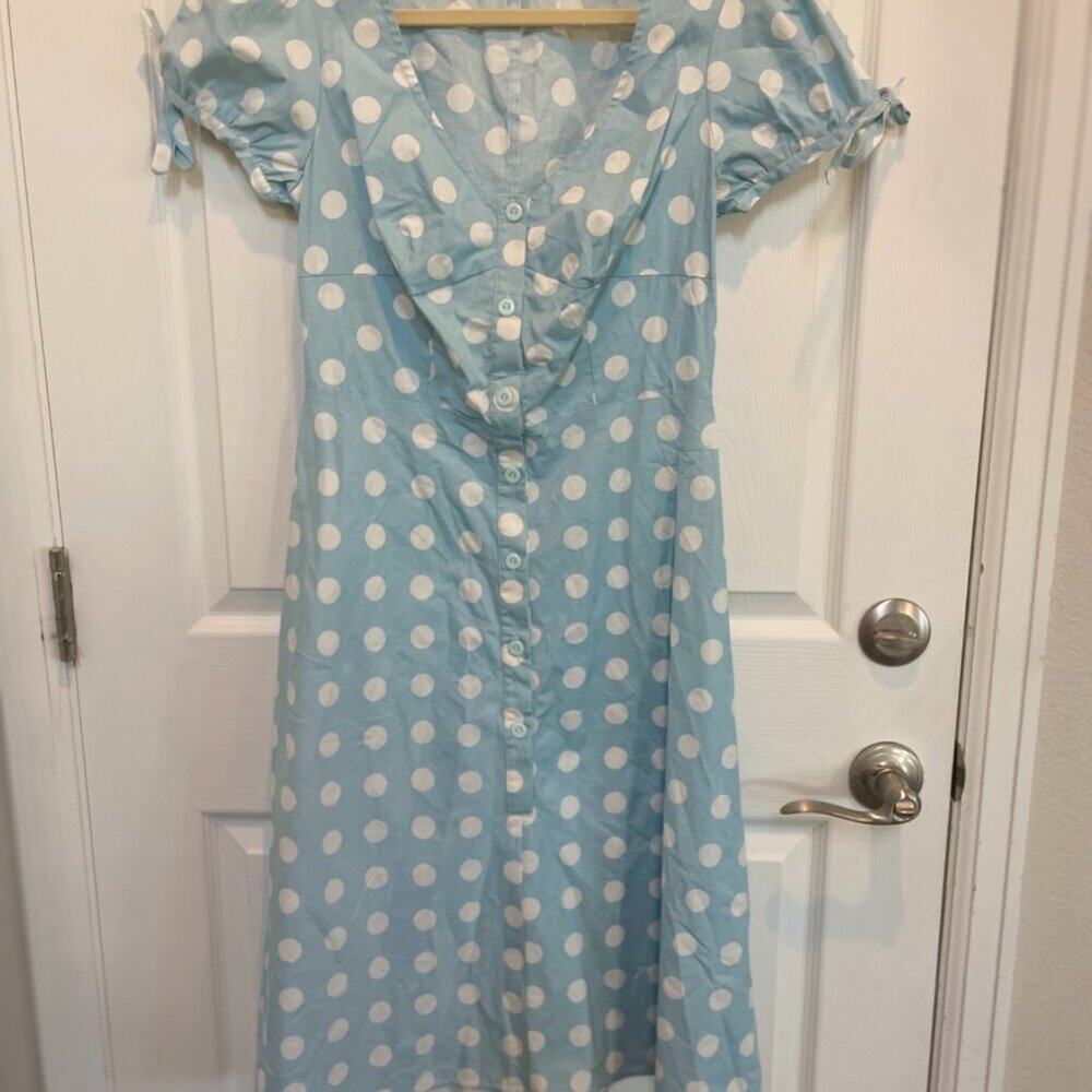 Unique Vintage Blue and White Polka Dot Midi Swing Dress 1950s Sz M #45